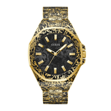 Gold and black patterned watch with visible brand logo on a white background