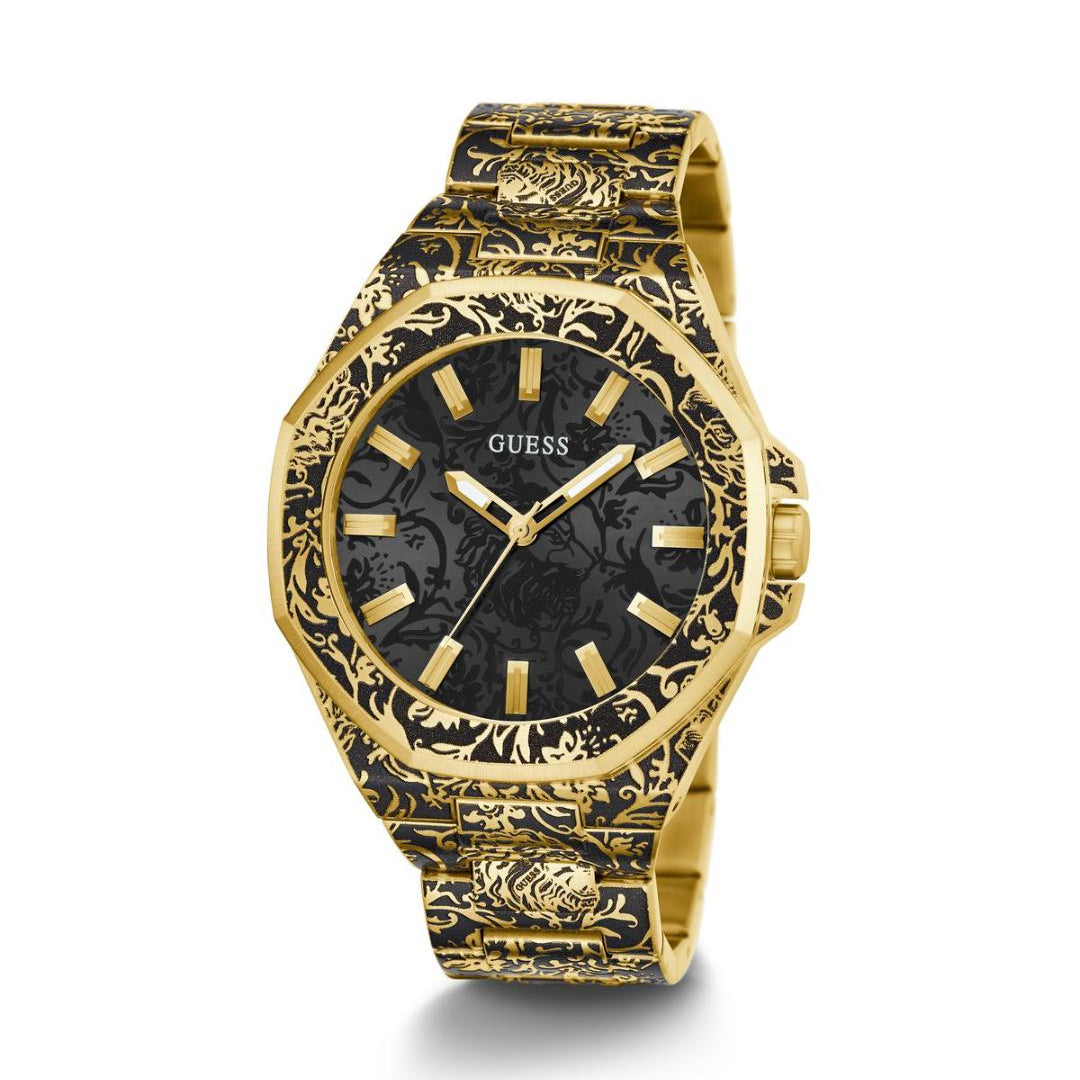 Gold and black patterned Guess watch on a white background