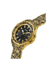 Gold and black patterned watch with visible brand name on a white background
