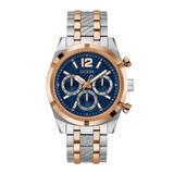 Two-tone watch with blue dial and rose gold accents on a white background