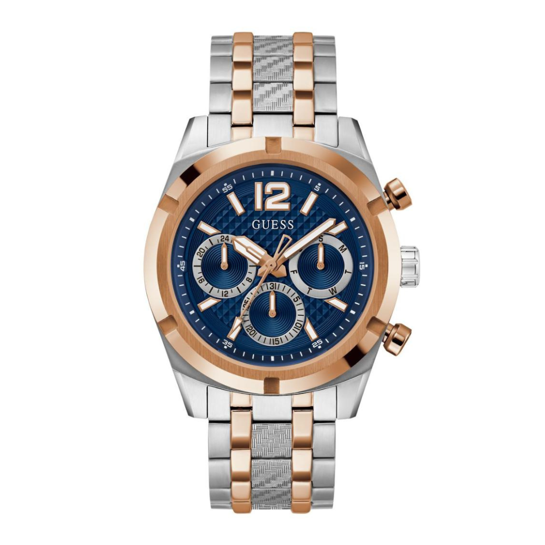 Two-tone watch with blue dial and rose gold accents on a white background