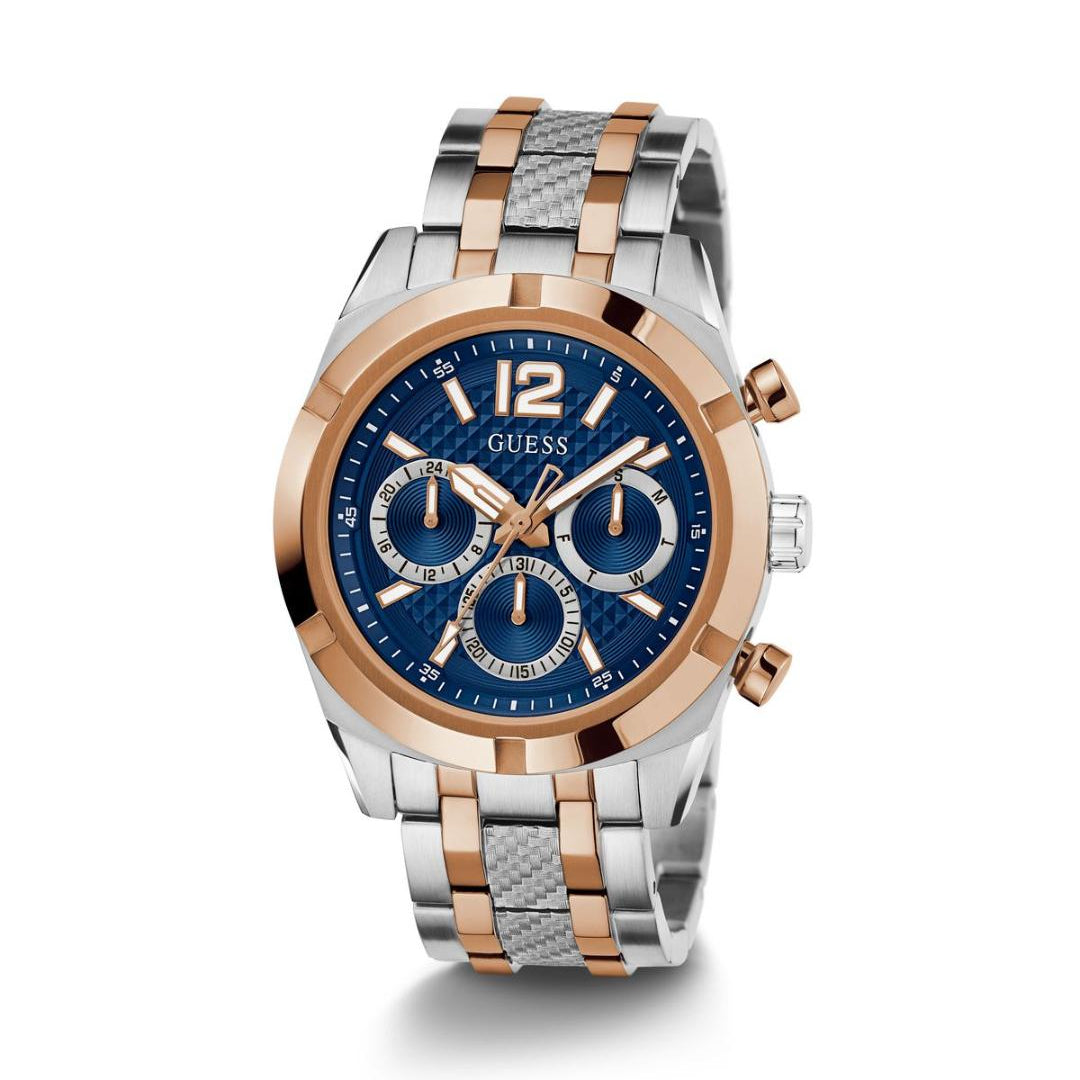 Two-tone Guess watch with blue dial on a white background