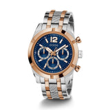 Two-tone Guess watch with blue dial on a white background