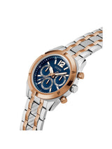 Two-tone watch with a blue face on a white background