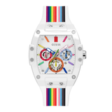 A white Guess watch with a colorful rainbow-striped strap and a white dial featuring multicolor sub-dials and accents.