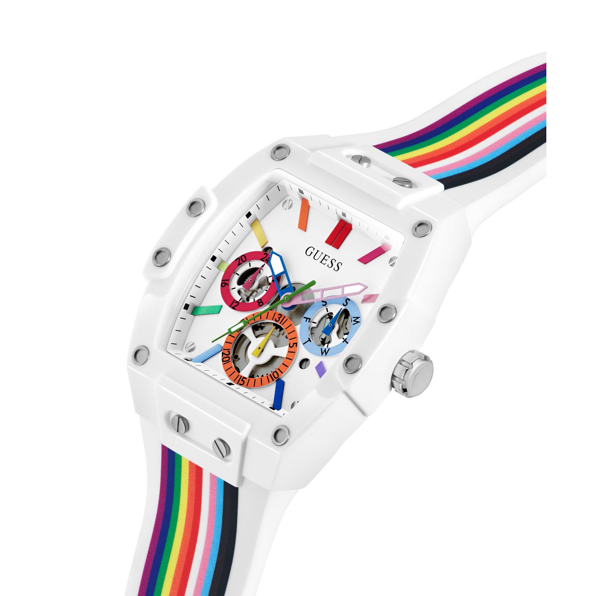 White watch with a colorful rainbow strap on a white background