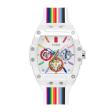 White watch with colorful strap and face on a white background
