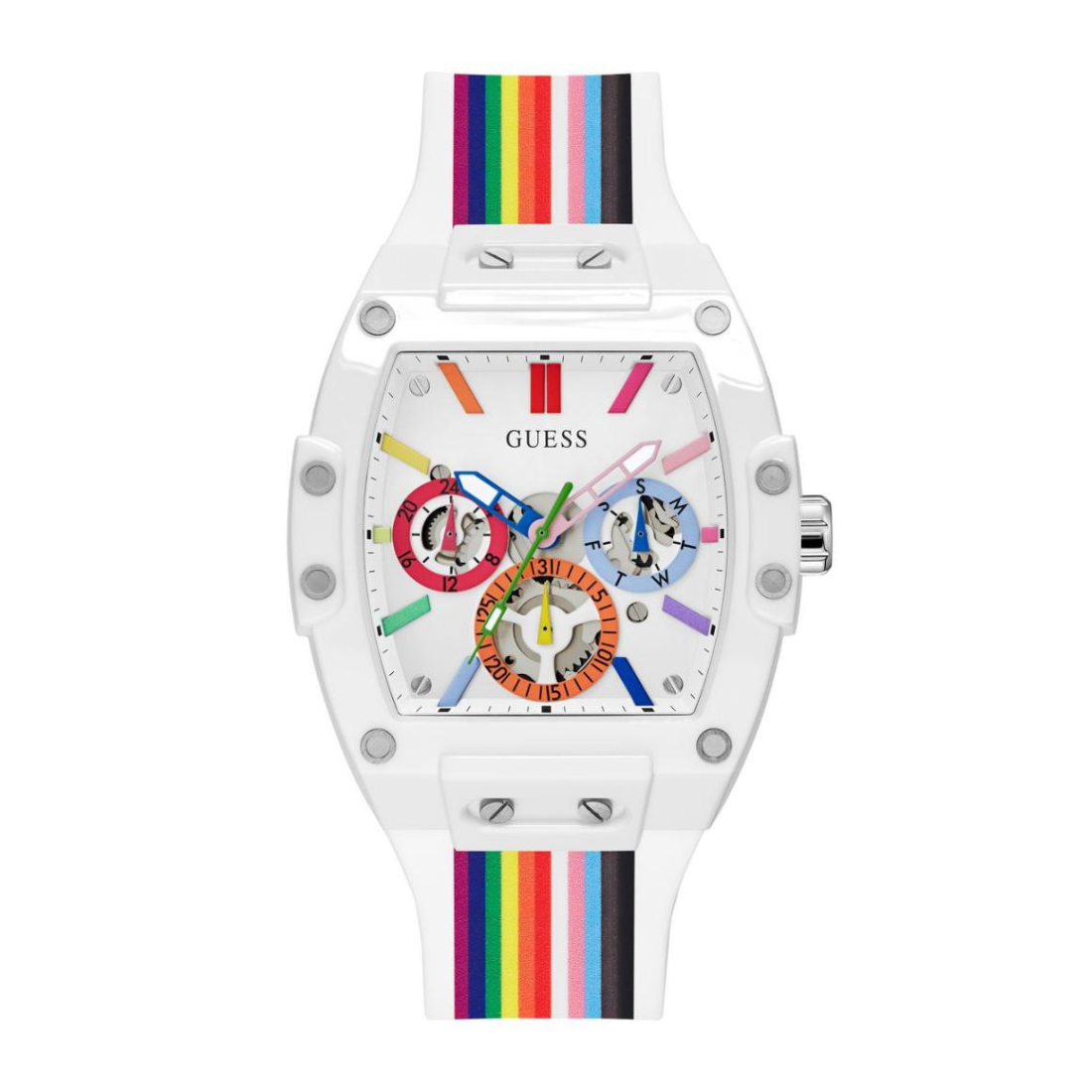 White watch with colorful strap and face on a white background
