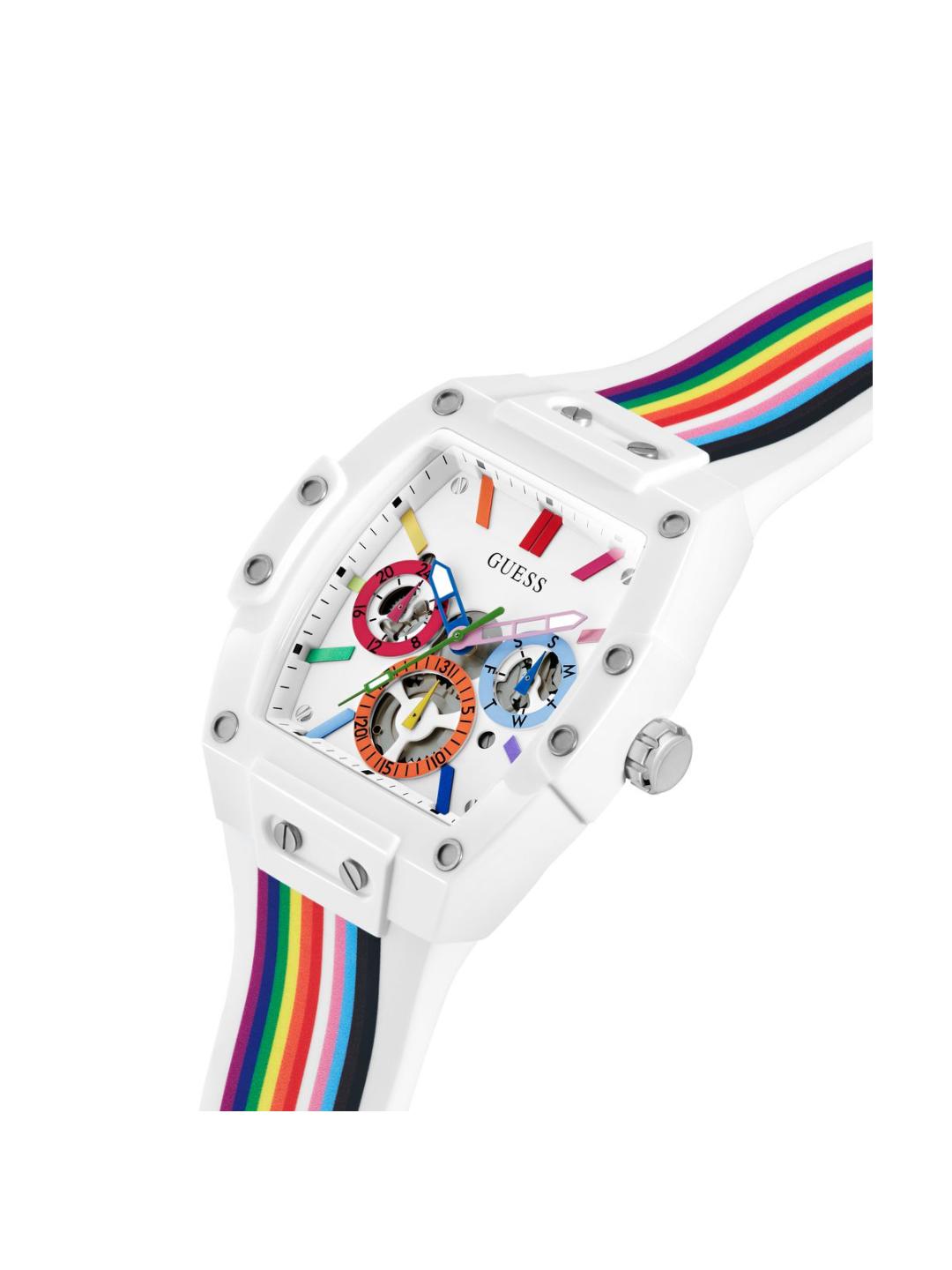 Guess watch with a colorful strap on a white background