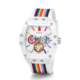 White watch with a colorful rainbow strap on a white background