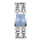 Silver chain-link watch with a blue face on a white background