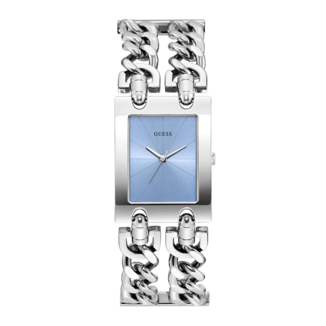 Silver chain-link watch with a blue face on a white background