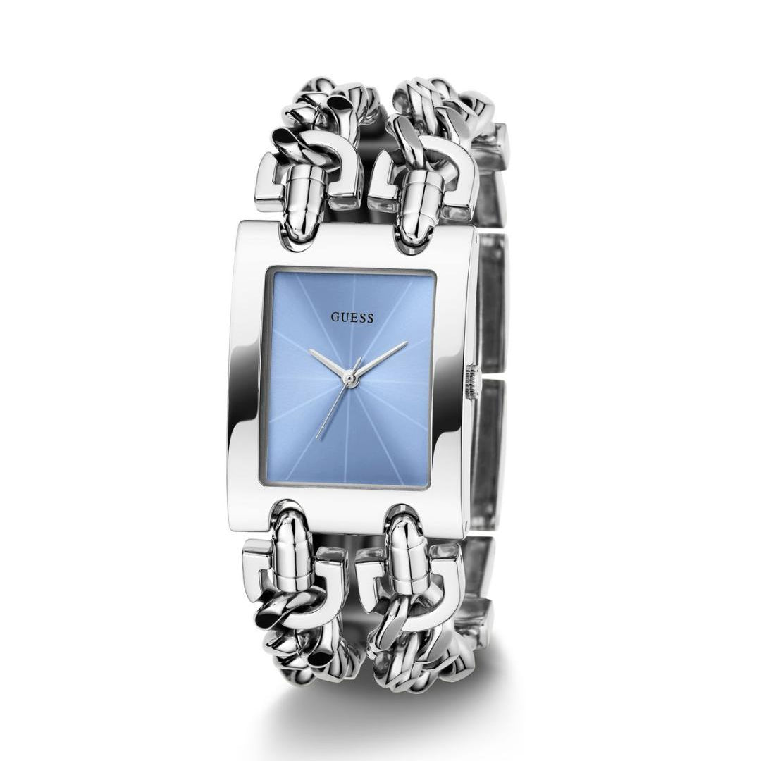 Silver bracelet watch with a blue face on a white background