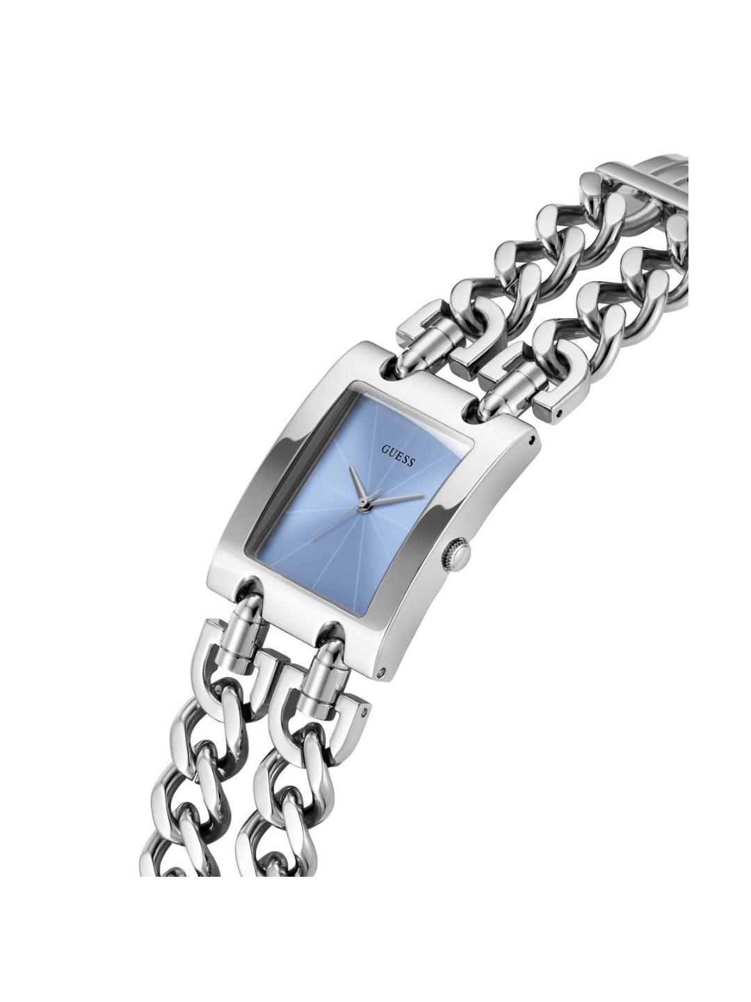 Silver chain-link watch with a blue face on a white background