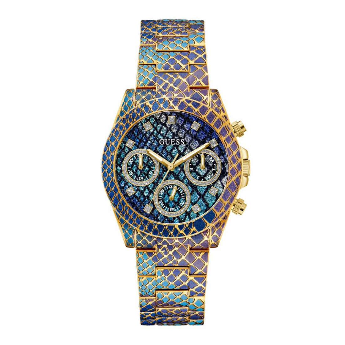 Gold and blue patterned watch with gemstones on a white background