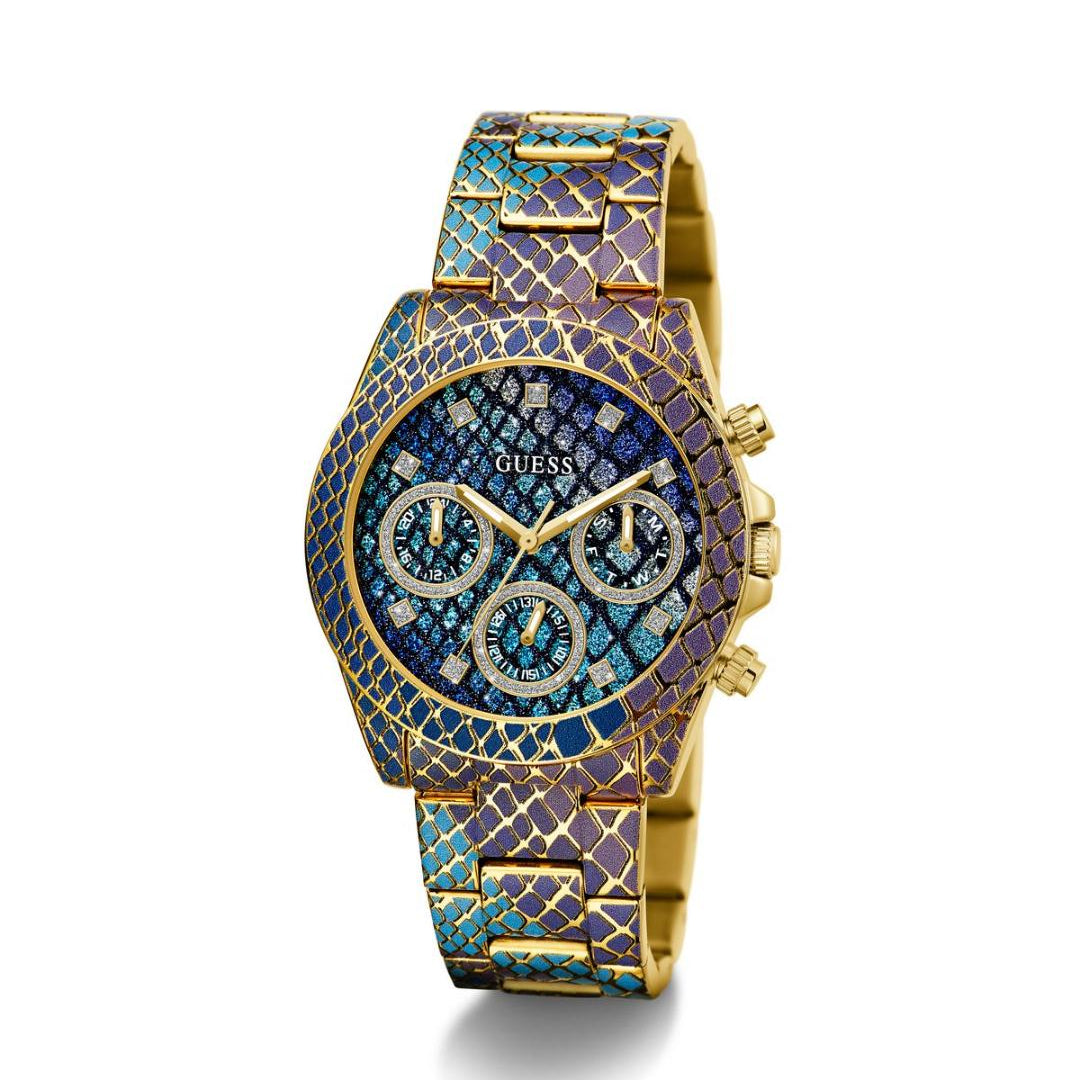 Multicolored patterned watch with gold accents on a white background