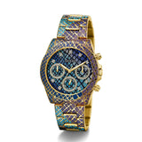 Multicolored patterned watch with gold accents on a white background