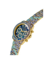 Gold and blue patterned watch on a white background