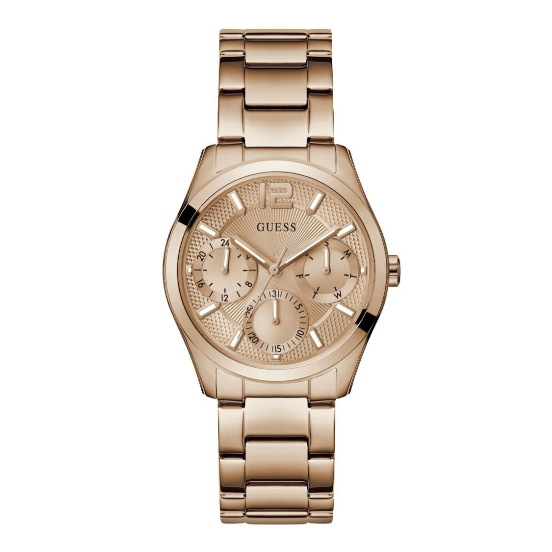 A GUESS women's analog watch with a rose gold-tone stainless steel case and link bracelet, featuring a textured dial with multiple sub-dials and a date window.