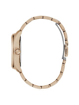 A rose gold smartwatch shown from the side profile, featuring a matching metal link bracelet and a silver-toned spring-ring clasp on a plain white background.