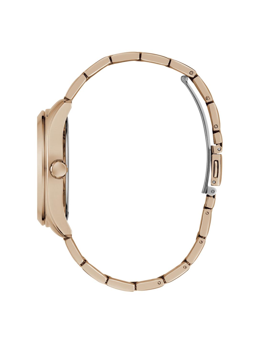 A rose gold smartwatch shown from the side profile, featuring a matching metal link bracelet and a silver-toned spring-ring clasp on a plain white background.