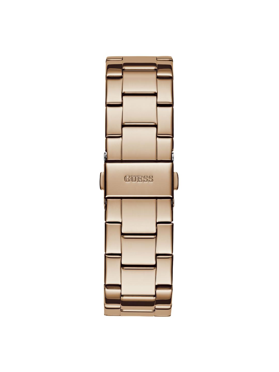 A rose gold stainless steel link watch band with a polished finish and the 'GUESS' logo engraved on the clasp, shown against a solid white background.
