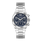 Silver watch with blue dial on a white background