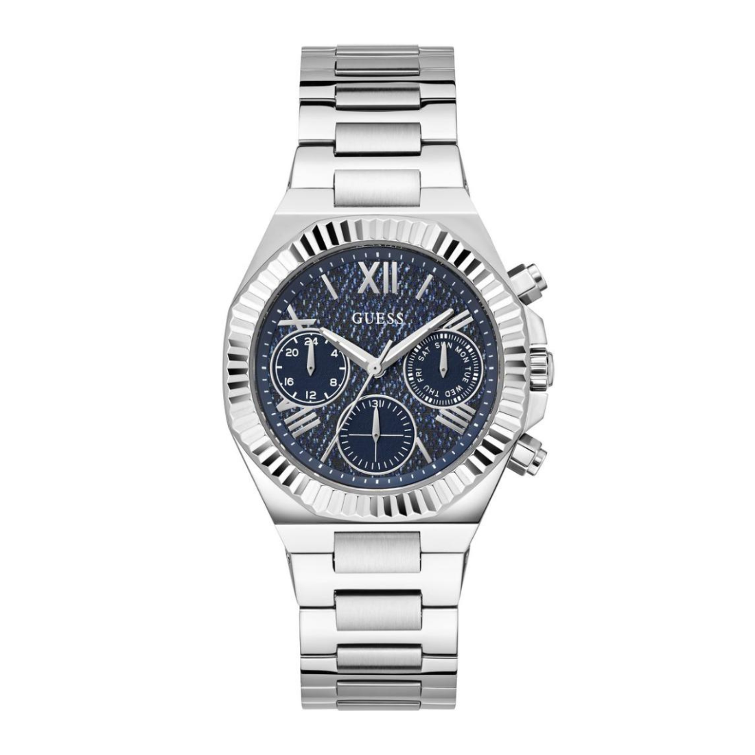 Silver watch with blue dial on a white background