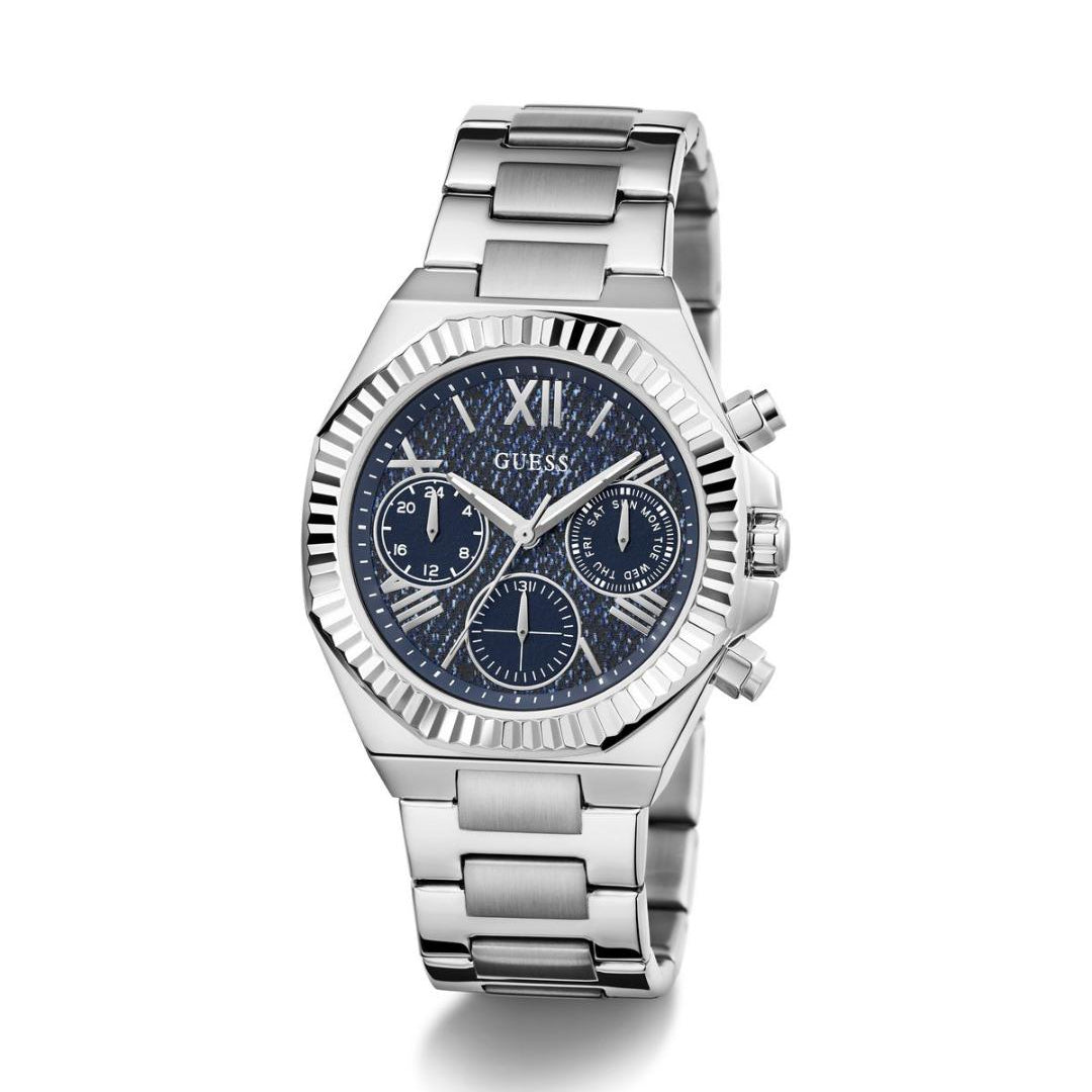 Silver watch with blue face on a white background