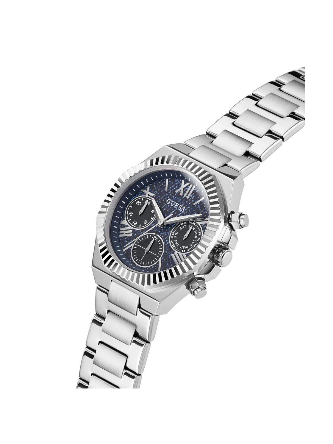 Silver watch with blue face on a white background