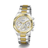 Two-tone silver and gold watch with a white face on a white background