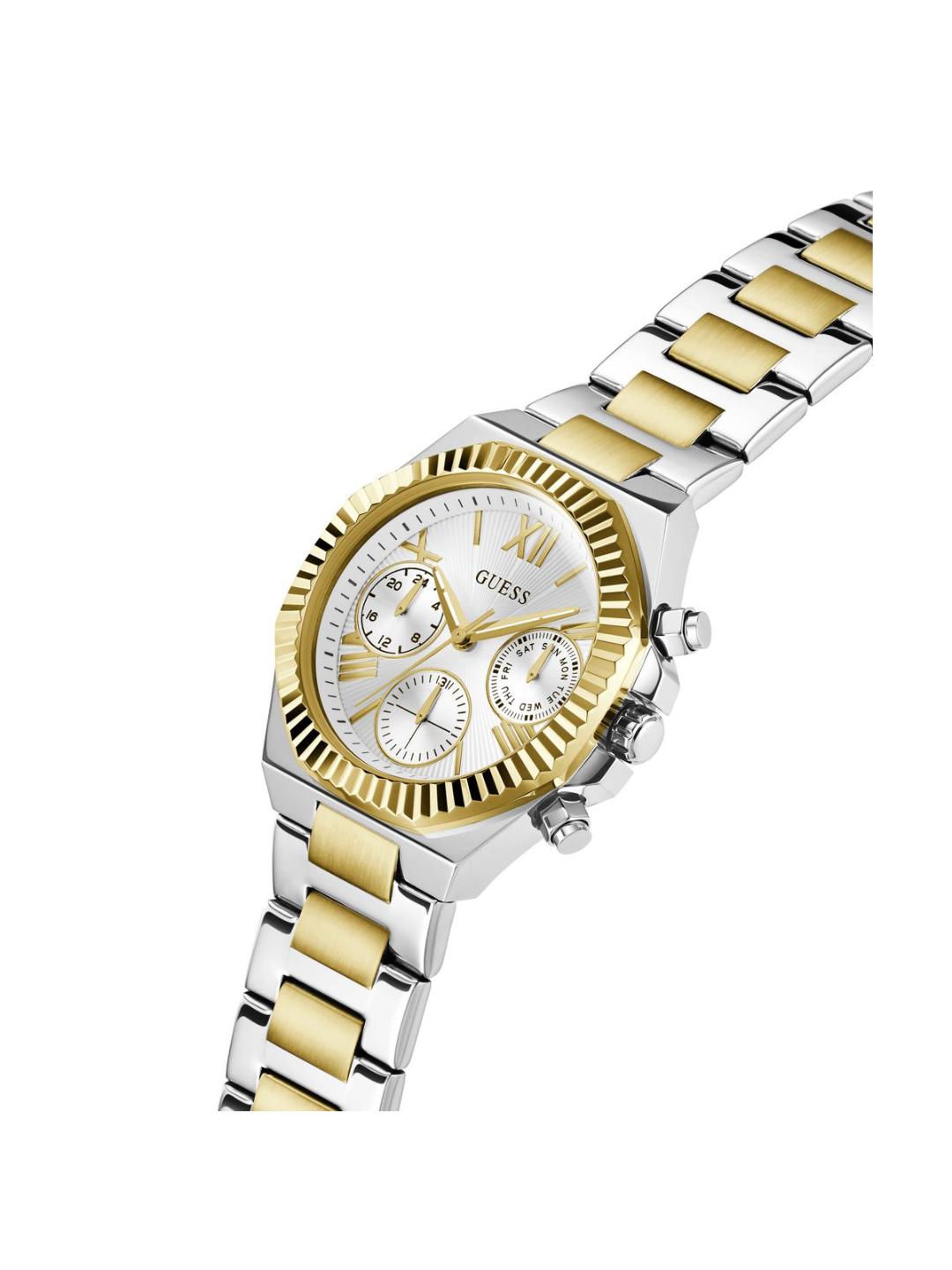 Two-tone silver and gold watch on a white background