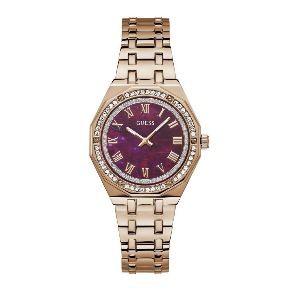 Rose gold watch with a purple face on a white background