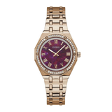 Rose gold watch with a purple face on a white background