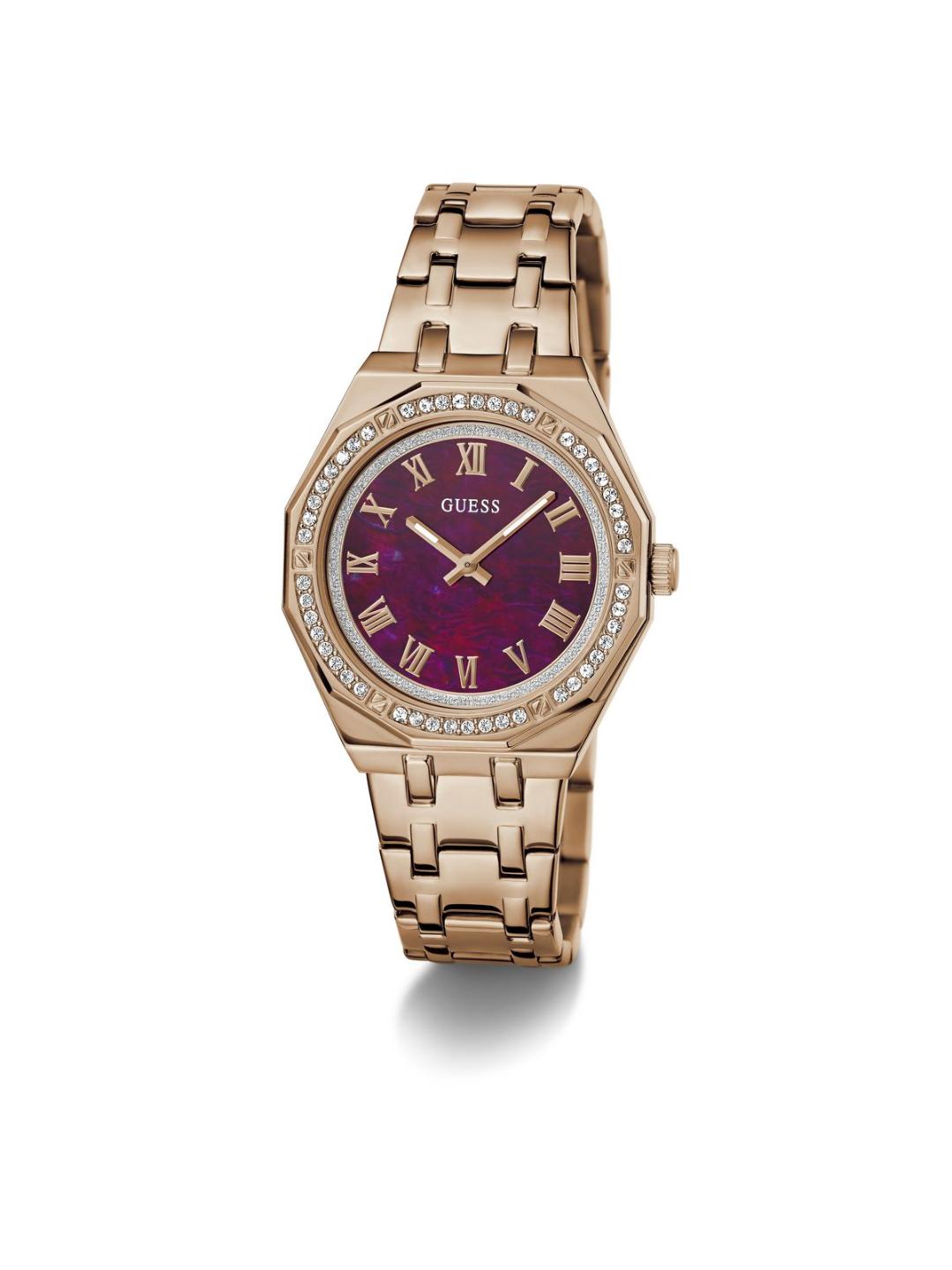 Rose gold watch with purple dial on a white background