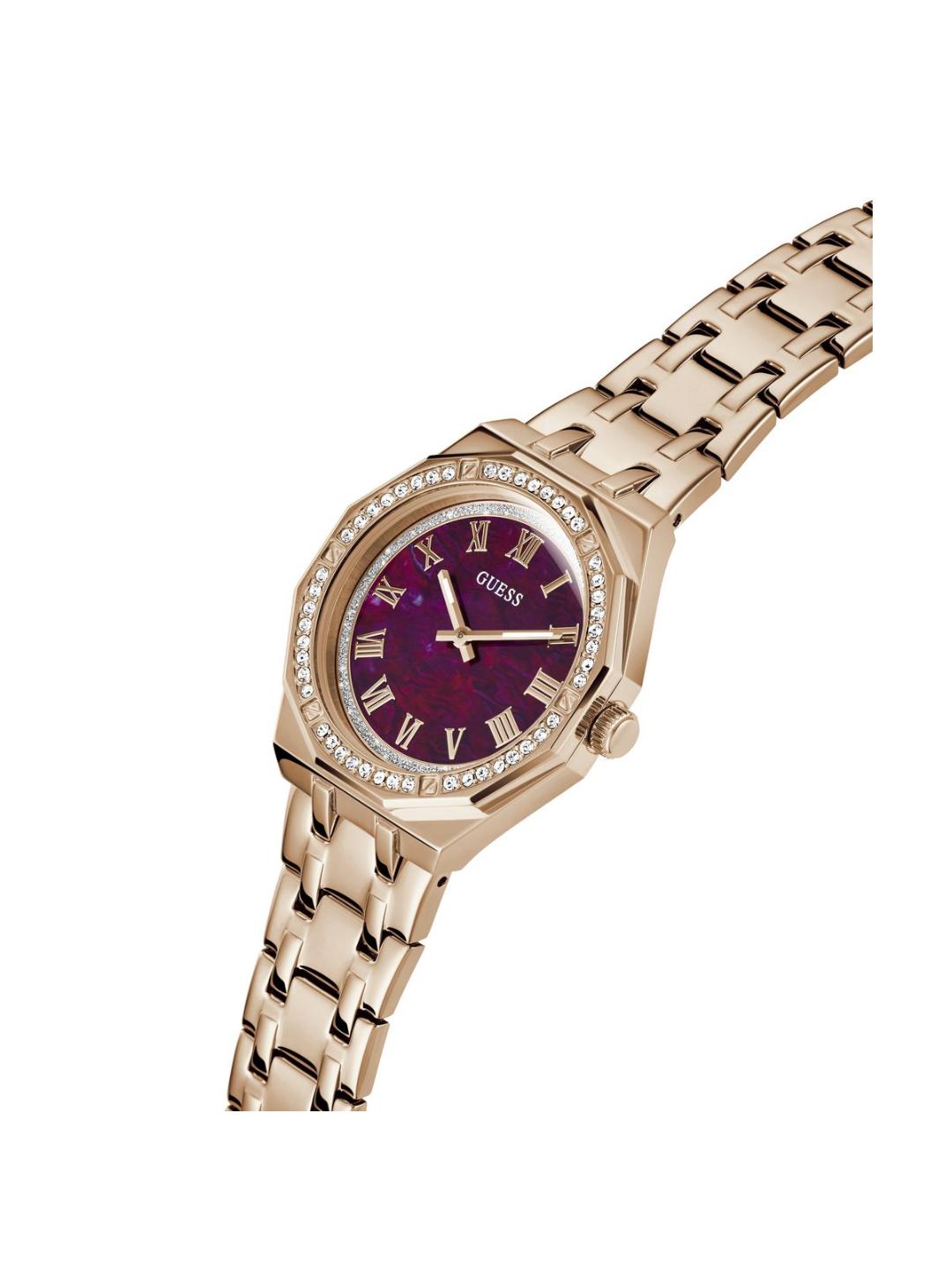 Gold watch with a purple face on a white background