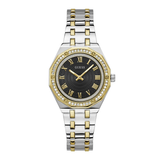 Two-tone watch with black dial and gold accents on a white background
