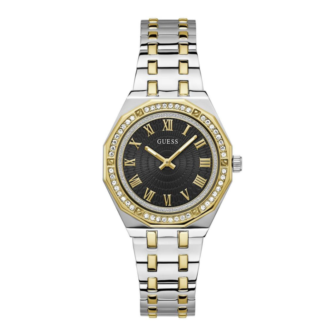 Two-tone watch with black dial and gold accents on a white background