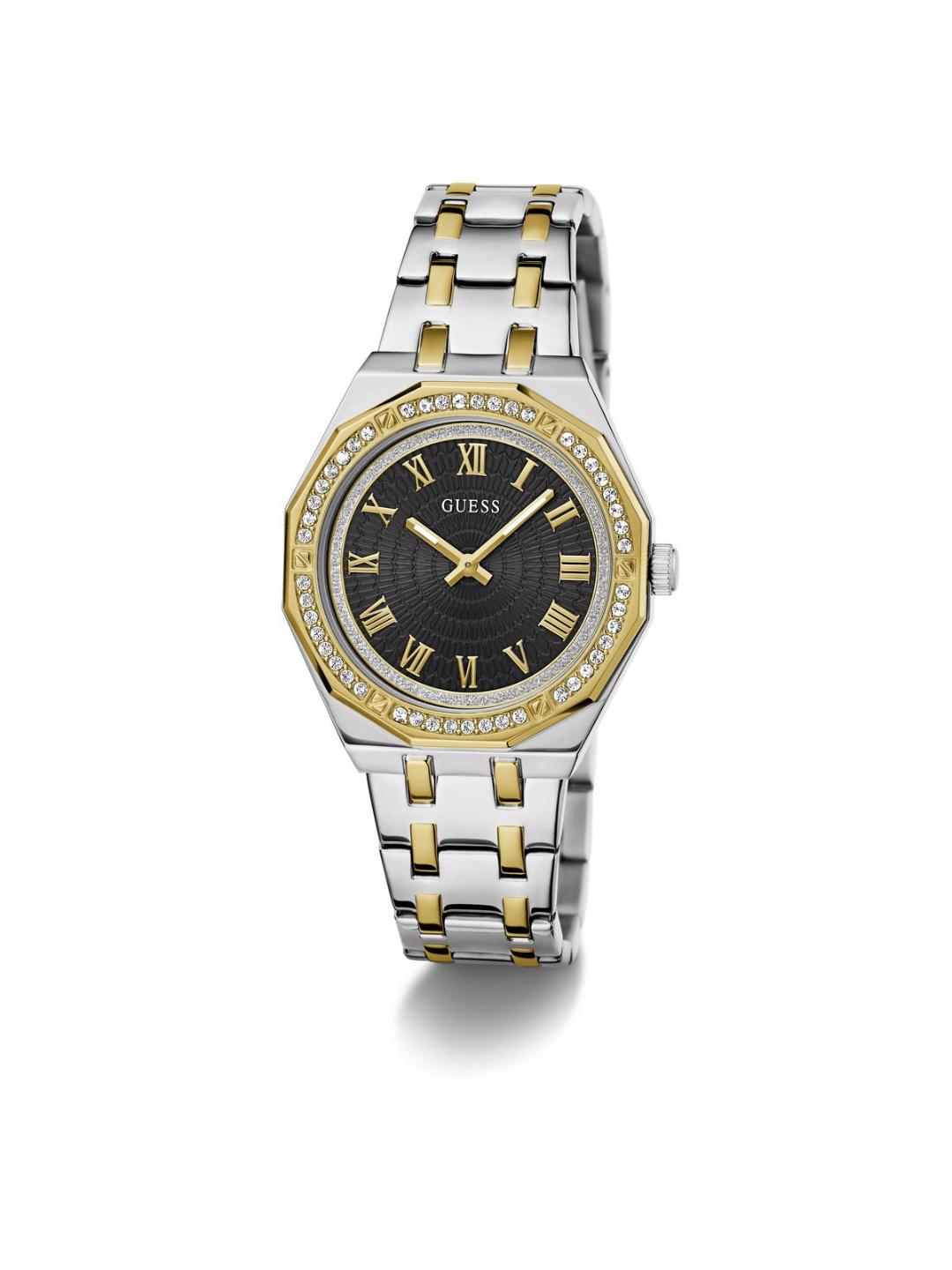Two-tone watch with black dial and gold accents on a white background