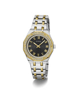 Two-tone watch with black dial and gold accents on a white background