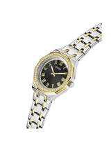 Two-tone watch with black face and Guess logo on a white background