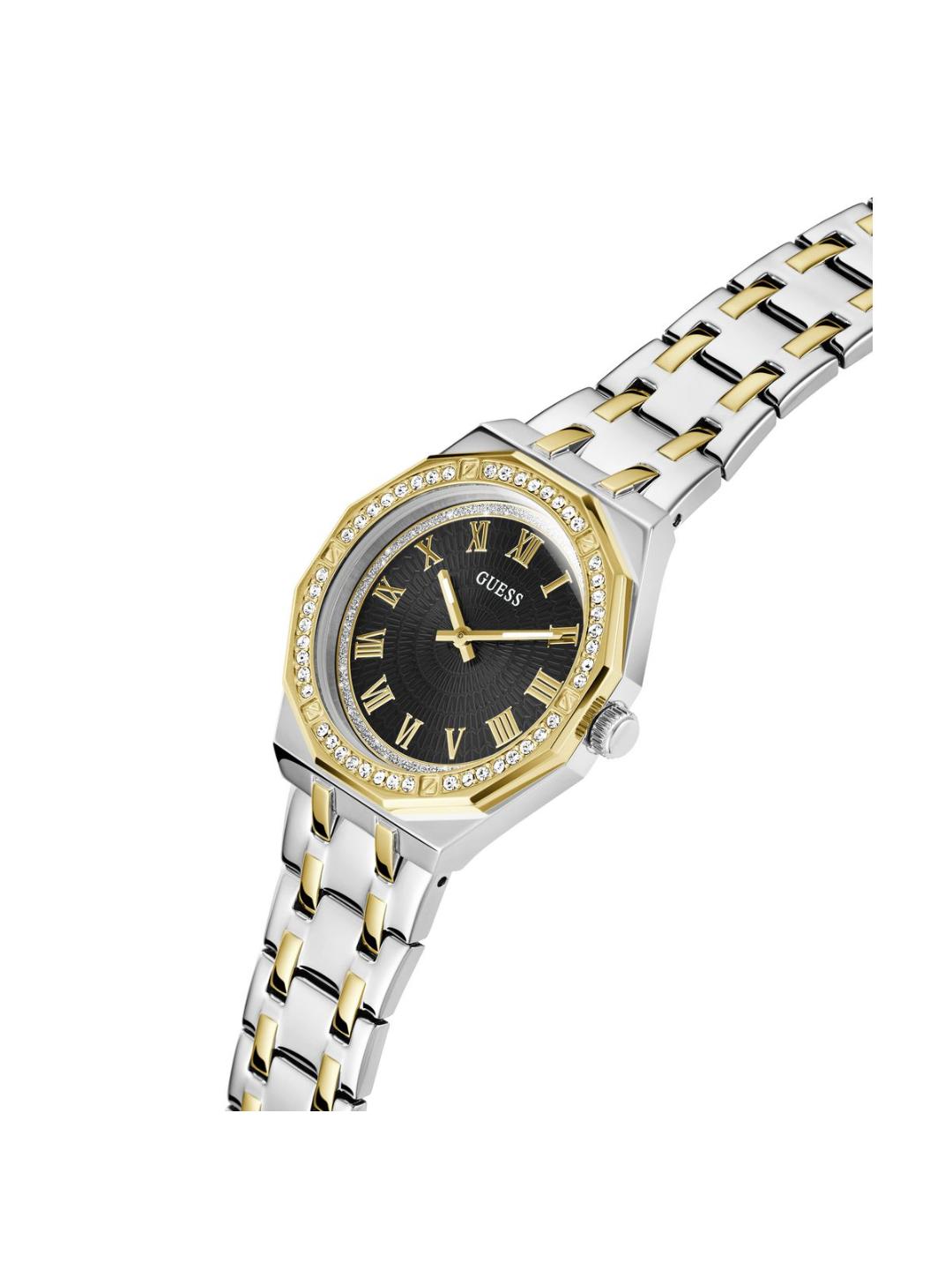 Two-tone watch with black face and Guess logo on a white background
