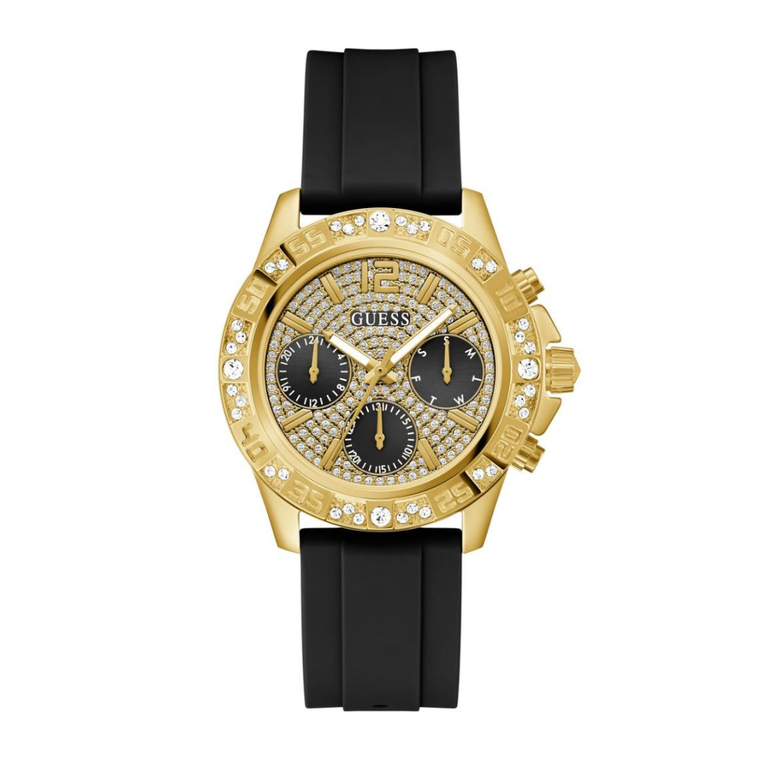 Gold watch with black strap and gemstone accents on a white background
