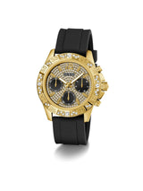 Gold watch with black strap on a white background