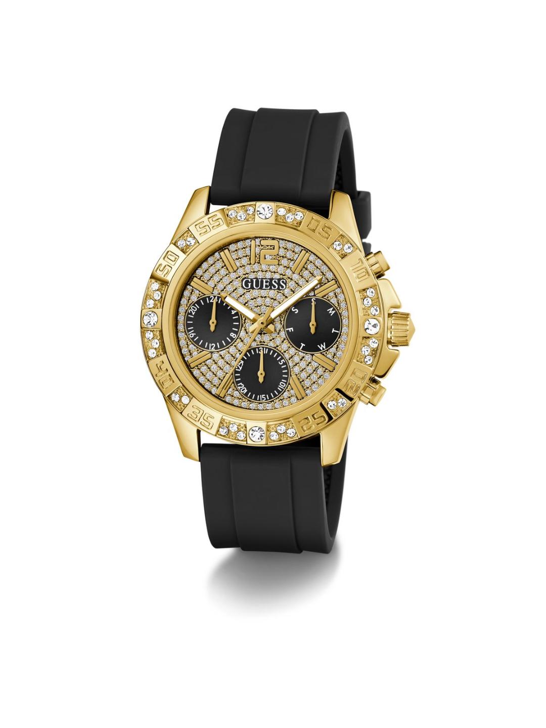 Gold watch with black strap on a white background