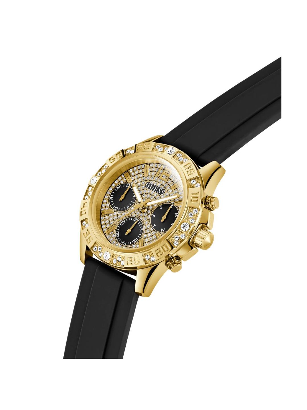 Gold watch with black strap on a white background