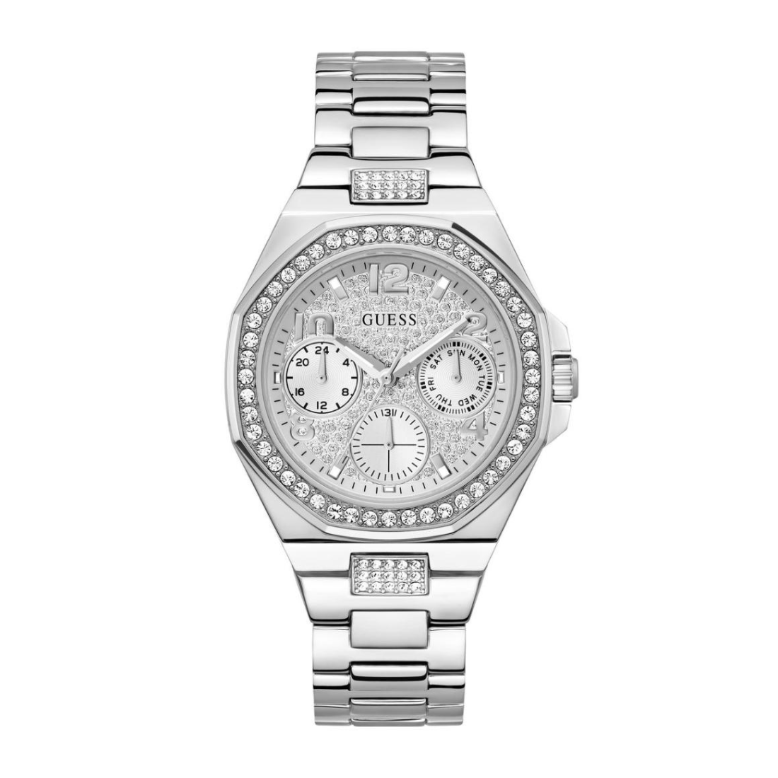 Silver Guess watch with crystal embellishments on a white background