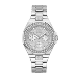 Silver Guess watch with crystal embellishments on a white background