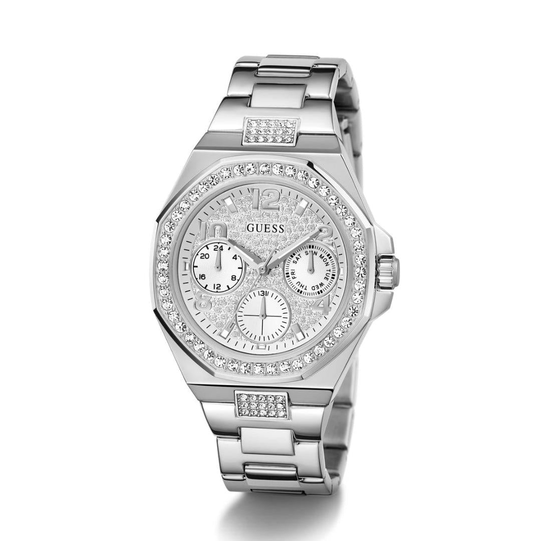 Silver Guess watch with gemstone accents on a white background