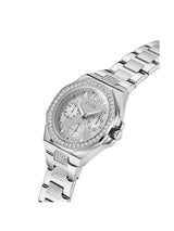 Silver watch with gemstone accents on a white background